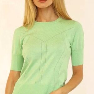 METRIC KNITS SHORT SLEEVE POINTELLE YOLK GREEN SWEATER LARGE XL NWT